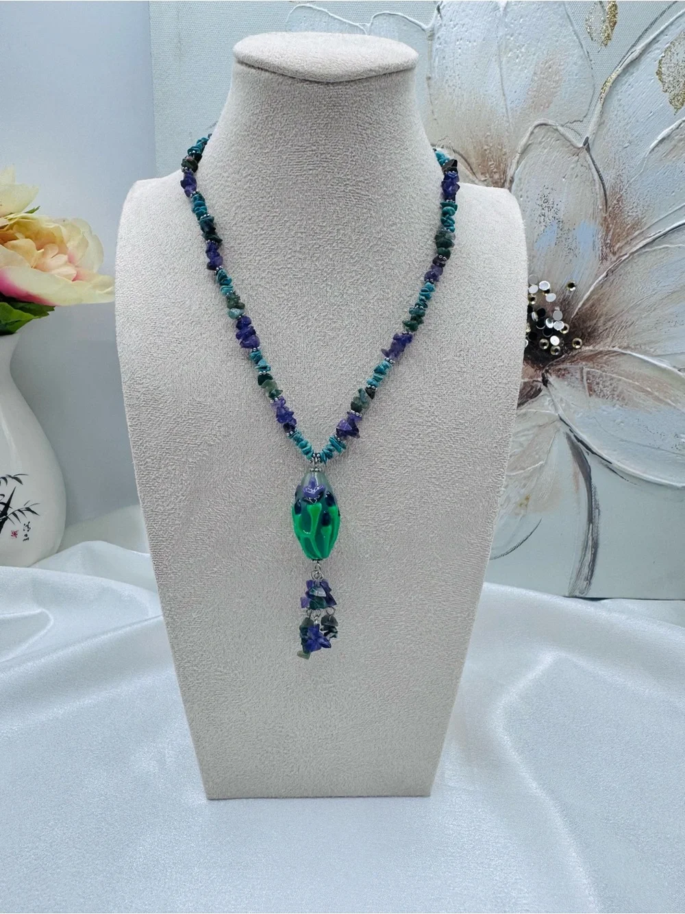 Boho Gemstone Chip Necklace Green Purple Statement Pendant Tassel 16”